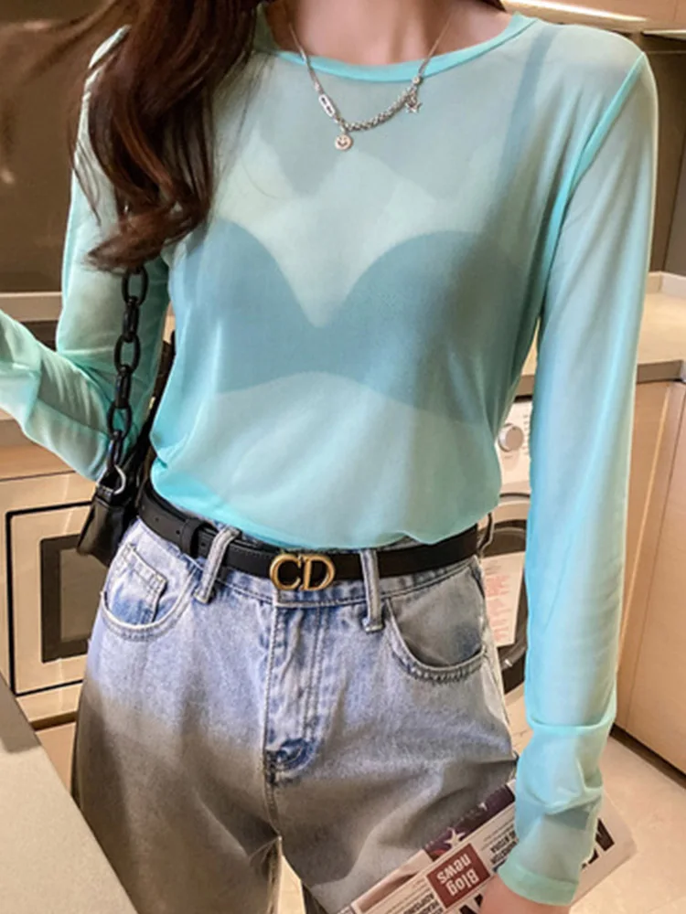 Summer Korean Fashion Mesh T-shirts Women Vintage Transparent Tops for Women Loose White Transparent Office Lady Shirts