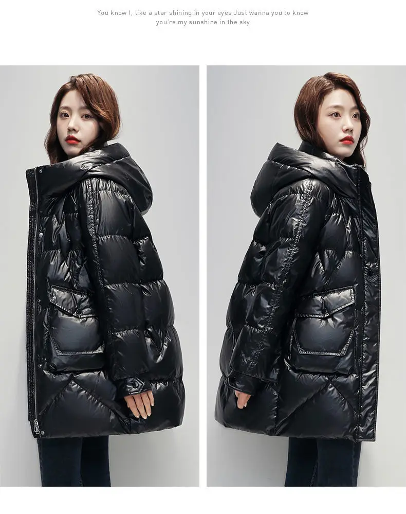 Brand Winter Women's Down Jacket White Duck Down Medium Length Street Style Bright Face Wash Fashion Loose Thick Hooded Coats