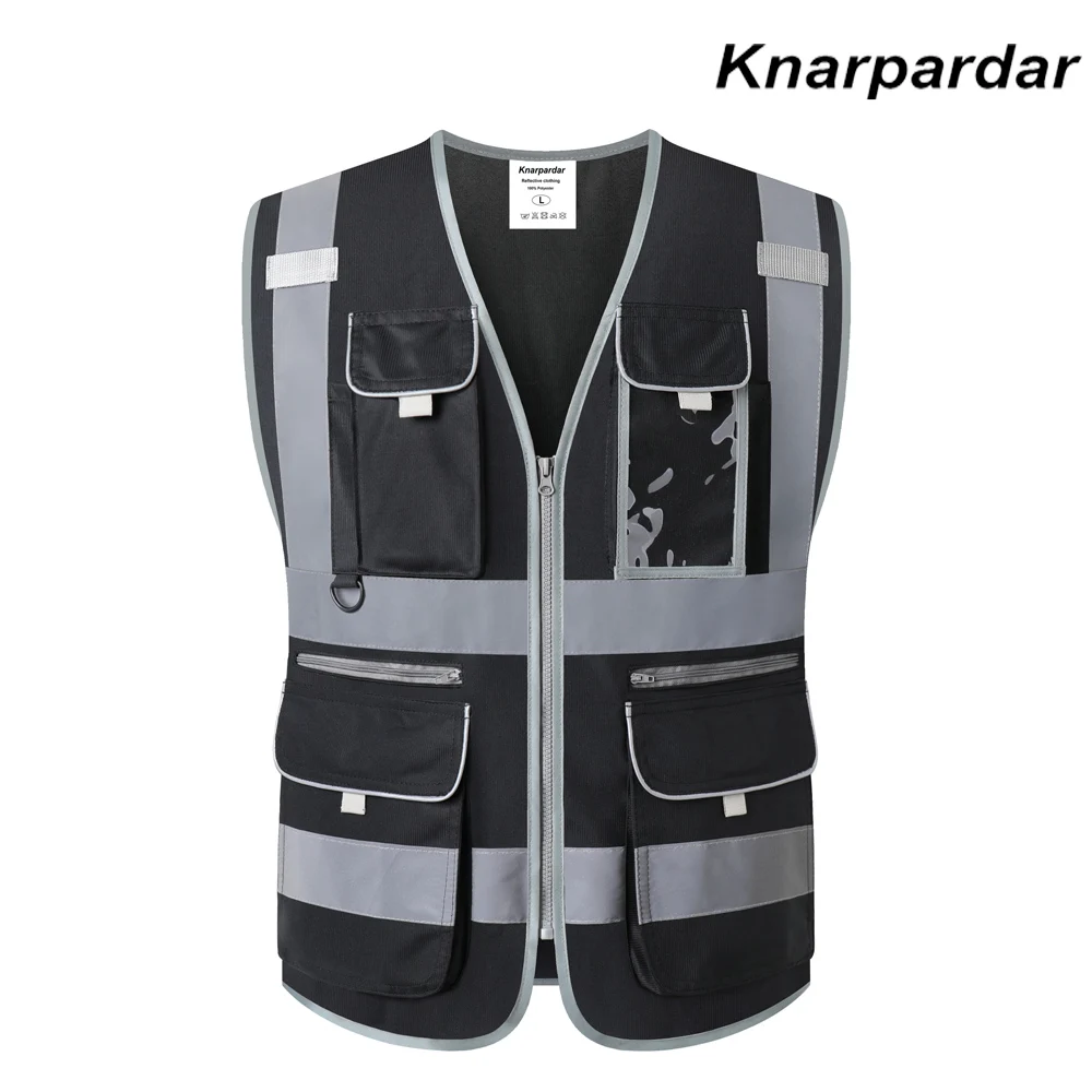 Knarpardar 9 멀티 포켓 블랙 안전 조끼 포켓과 지퍼가 있는 반사 건설 남성용 반사 작업 조끼