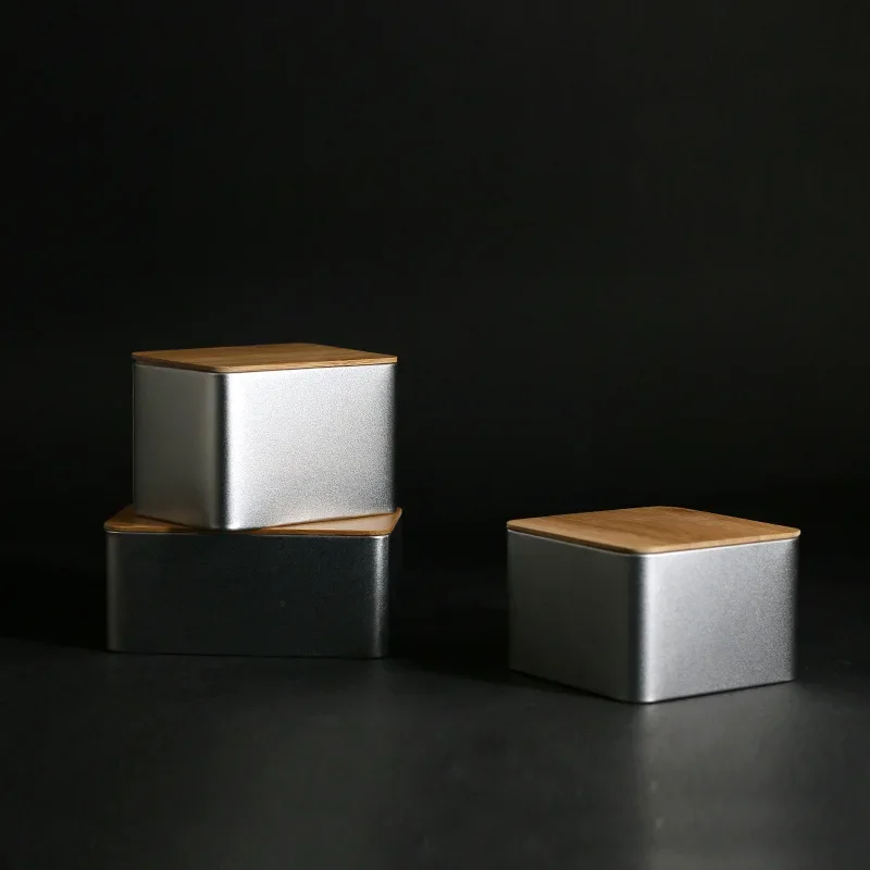1pcs Square Metal Tea Packaging Box With Bamboo Lid Money Coin  Neatening Candy Key Silver Storage Empty Boxes Pill Organizer 5