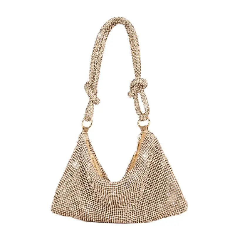 

Gold Women’s Bag Diamond Studded Party Hand Bag Tide Flash Knotted Rhinestone Handmade Armpit Banquet Dinner Bag