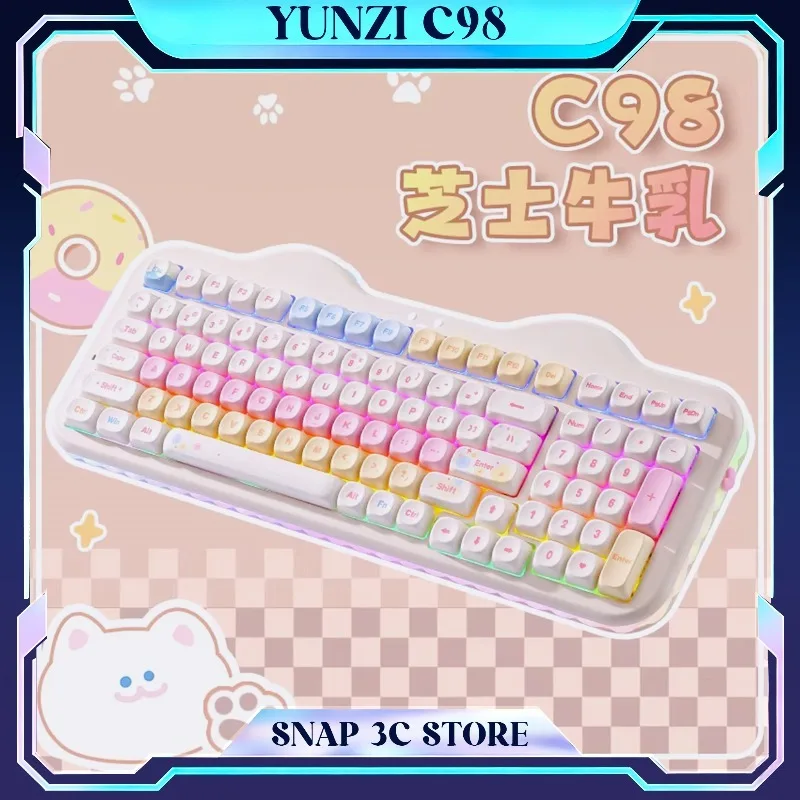 YUNZII C98 기계식 키보드 98 키 무선 트라이 모드 블루투스 2.4G 핫 스왑 RGB Mac PC용 미적 사무용 키보드