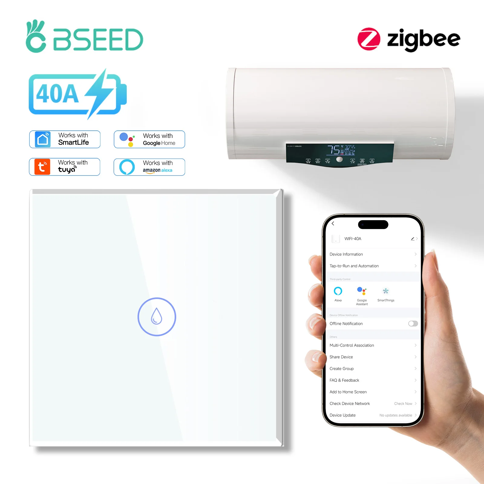 BSEED Zigbee สมาร์ทหม้อไอน้ําสวิทช์ 40A เครื่องทําน้ําอุ่น Smart Life Tuya APP สําหรับ Alexa Google Home Timing EU มาตรฐานแผงสัมผัส 1