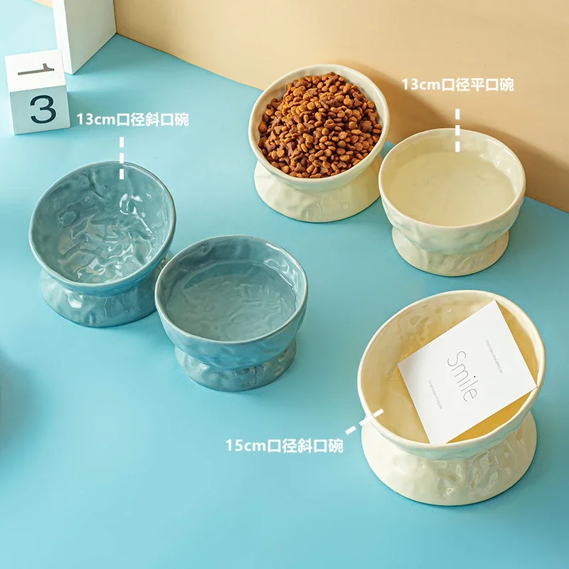 Cat bowl ceramic pet special products, food, rice and water bowl oblique mouth anti-knock protection cervical spine