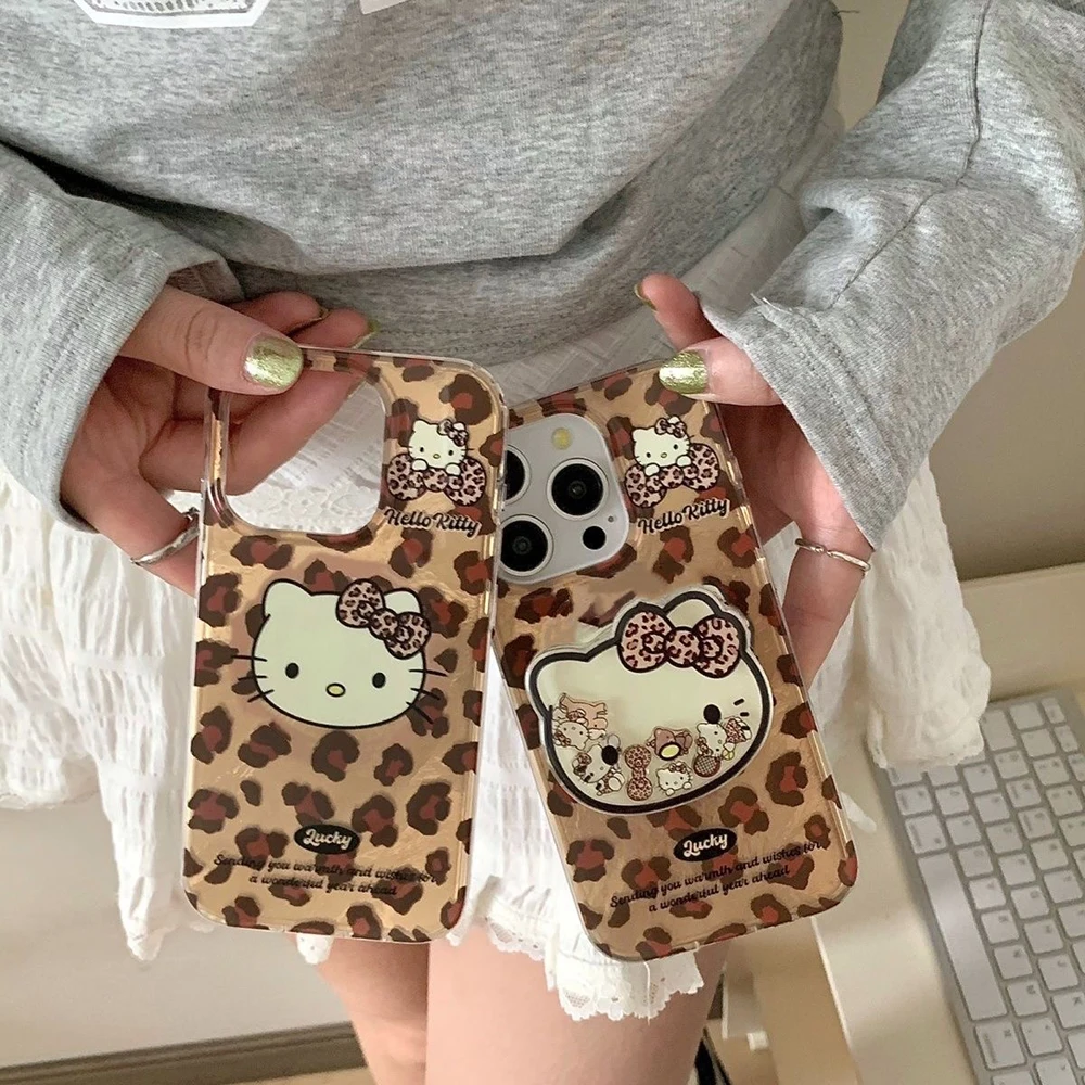 Leopard Kitty Removable Grip Phone Case with Lustre Lining
