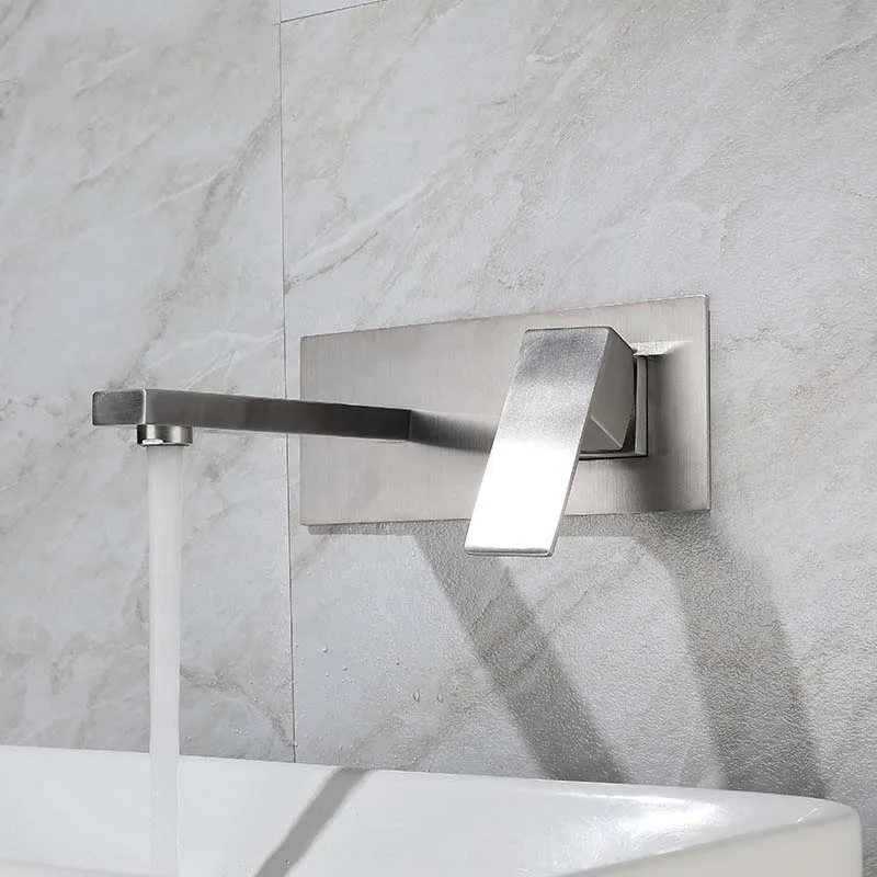 Grifo De Lavabo Cuadrado Oculto Montado En La Pared Con Caja Oro Cepillado Incorporada, Agua Fría Y Caliente Para Bañera