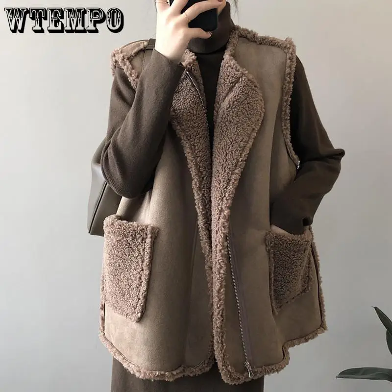 

Women Faux Lamb Wool Vest Tops Sleeveless Winter Coat Gilet Femme Korean Fashion Brown Jackets Thicken Chaleco Mujer Outerwear