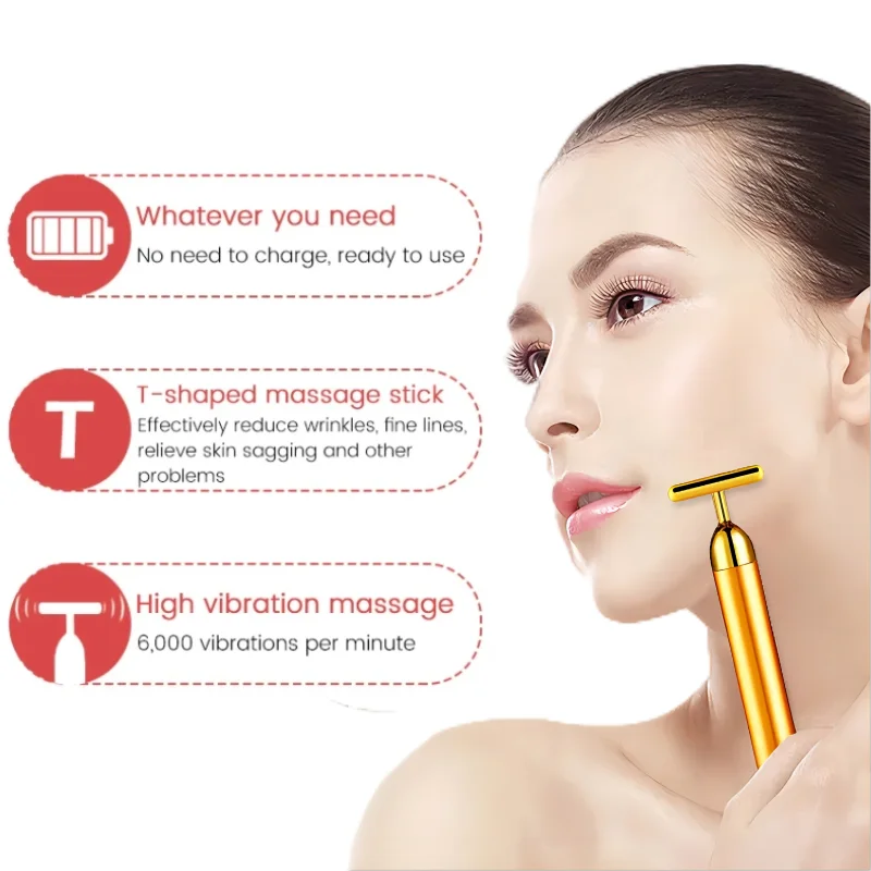 

24k Gold Face Lift Bar Roller Vibration Slimming Massager Facial Stick Facial Beauty Skin Care T Shaped Vibrating Tool