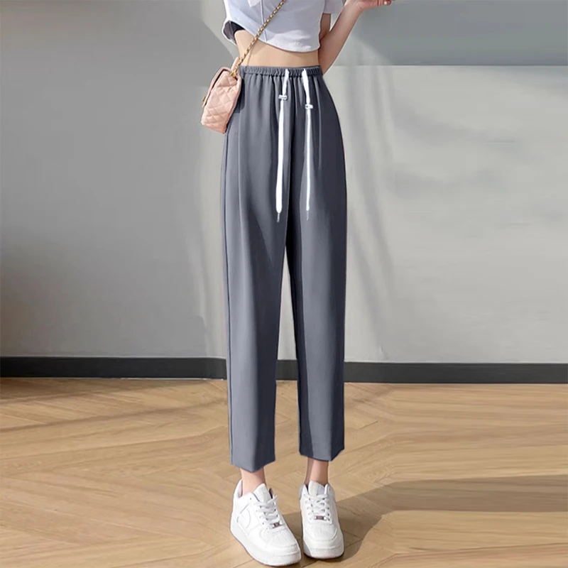 M-3XL 임산부 여름 아이스 실크 바지, 주머니가 있는 드로스트링 허리 임산부 정장 바지, 느슨한 임신 하렘 바지