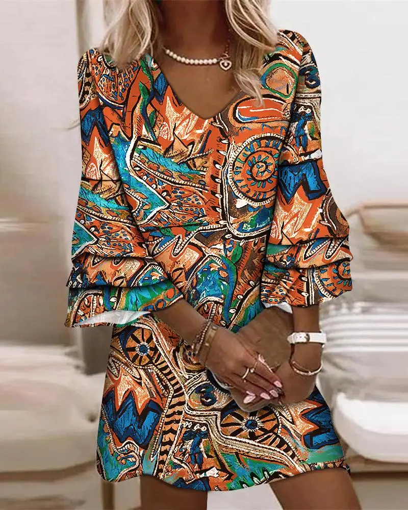 

2023 Women Tribal Print Bell Sleeve Casual Dress Summer V Neck Sping Autumn Mini Casual Dress Daily Wear Loose Robes Female Ropa