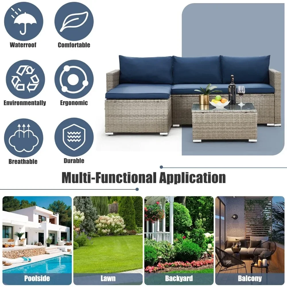 Outdoor Patio Furniture Sets, All-Weather Sectional Sofa with Tempered Glass Table, 3 Pieces Patio Wicker Couch for Garden 6