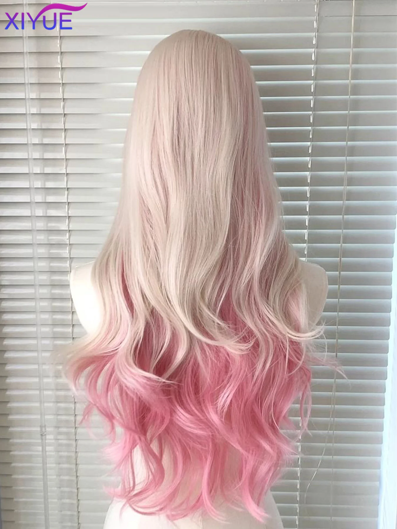 XIYUE Long Natural Wavy Platinum Blonde Pink Synthetic Wigs with Bangs for Women Heat Resistant Fiber Cosplay Party Lolita