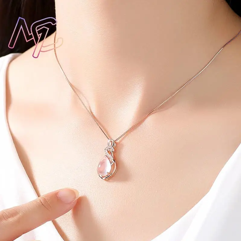 Pink Natural Jade Water drop Pendant Necklace Real Jewelry Talismans Amulet Rose Gold Plated Gifts for Women Vintage Stone