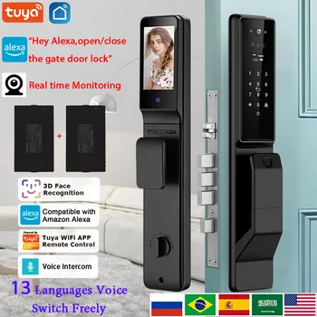 Cerradura de puerta inteligente con Control de voz, dispositivo de cierre electrónico Digital con cámara, 3D reconocimiento facial, aplicación Tuya, Alexa 1
