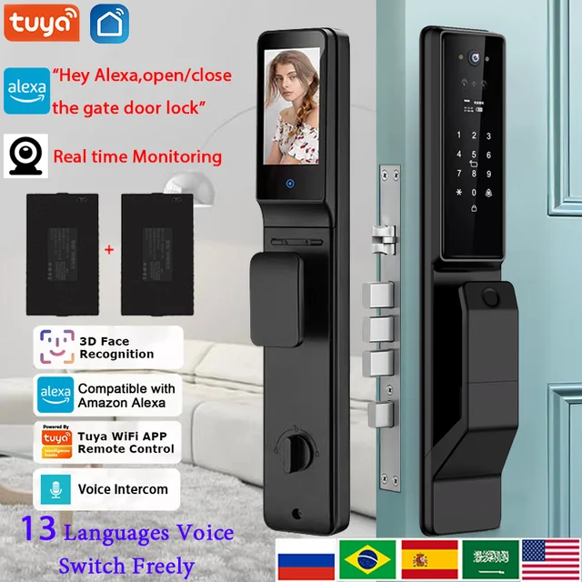 Cerradura de puerta inteligente con Control de voz, dispositivo de cierre electrónico Digital con cámara, 3D reconocimiento facial, aplicación Tuya, Alexa 1