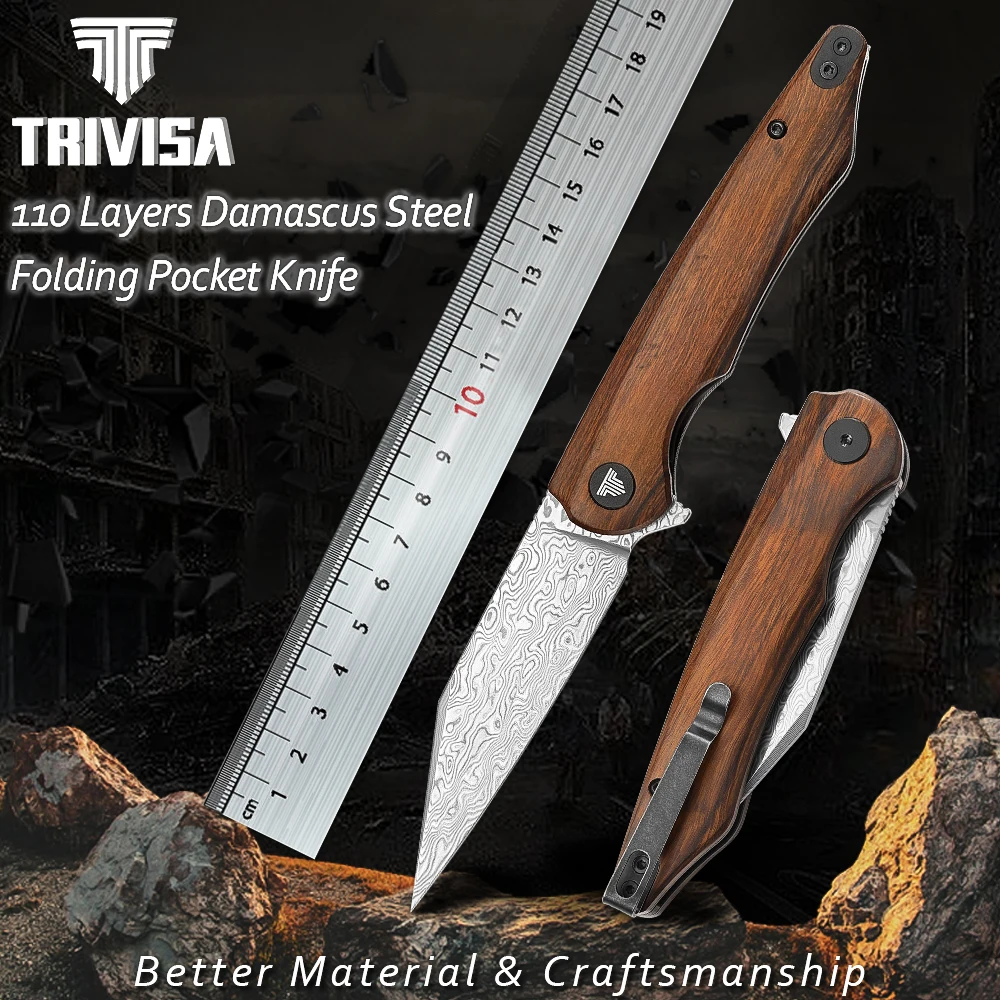 

TRIVISA 3.66"Damascus Folding Pocket Knife With Clip,Flipper Opening EDC Camping Outdoor Hunting Knives For Men，Ironwood Handle