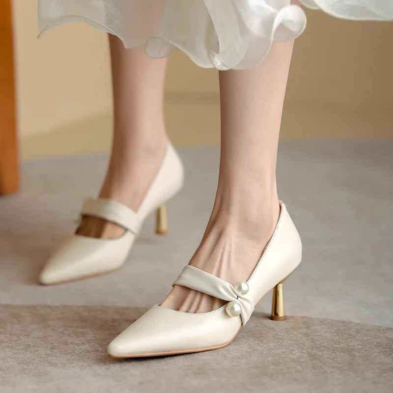 2023 Spring Women Pearl Slingback Pumps New Brand Pointed Toe Slip on Thin High Heel Ladies Elegant Shoes Chaussure Mariee