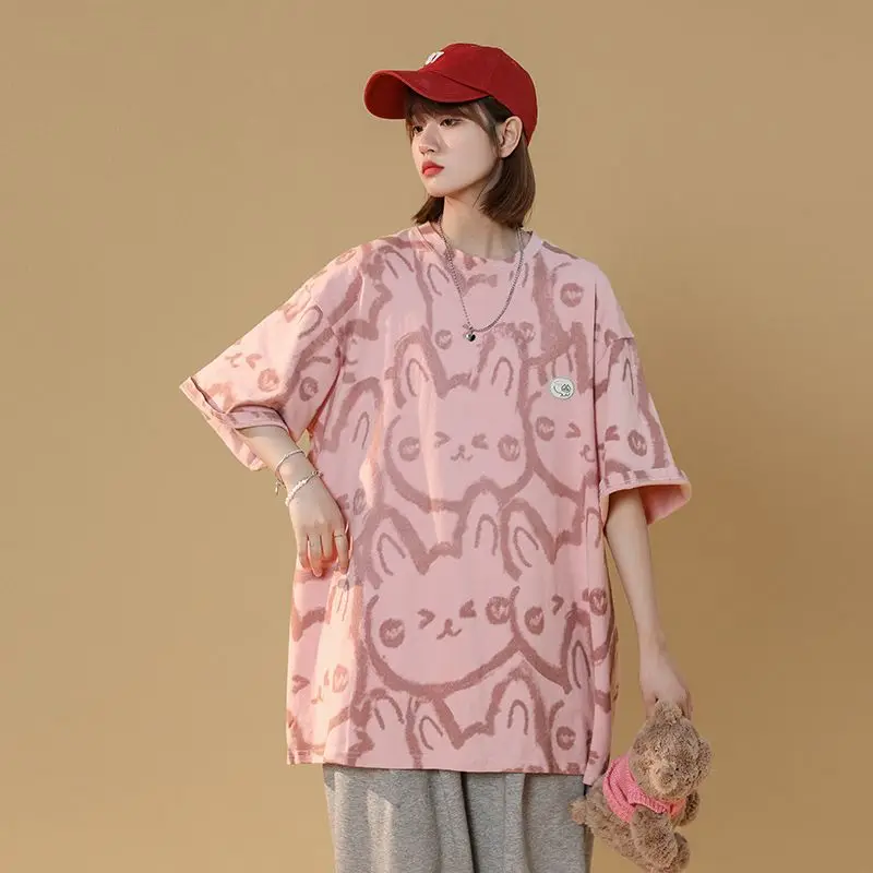 

Japanese rabbit printed t-shirt for women loose short-sleeved versatile niche Korean style chic t-shirt summer sweet style top