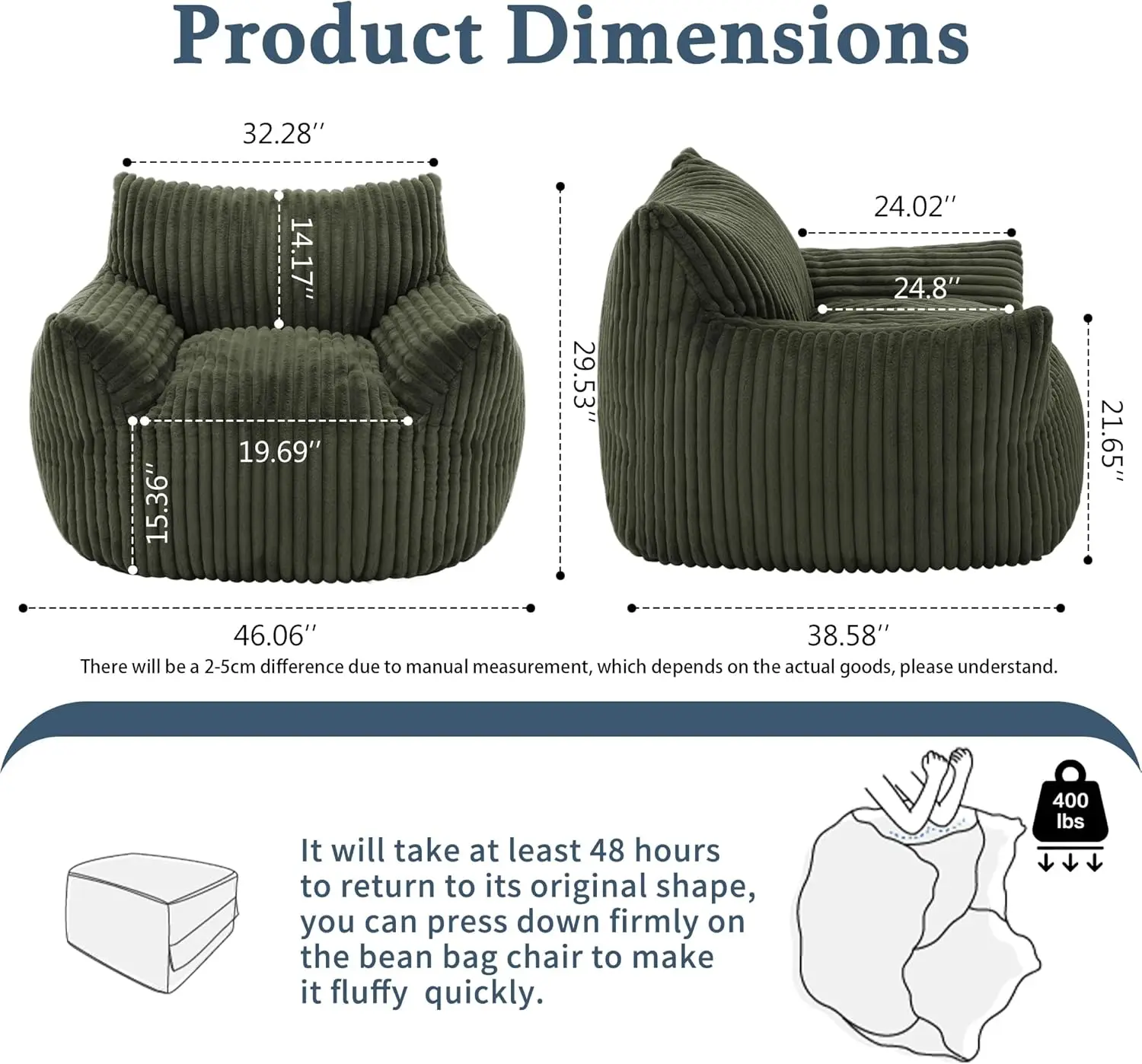 Giant Plush Bean Bag Chair for Adults, Teen, Kids with Armrests - Oversized Comfy Green Beanbag Lounge Floor Sofa Accent Chair