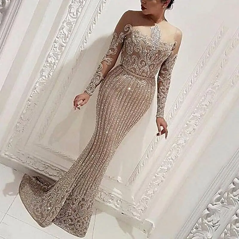

Shiny Sequins Winter Women's Sexy High Waist Bodycon Dress Bronze Ball Dresses Female Dinner Party Long Sleeve Full Length Dress