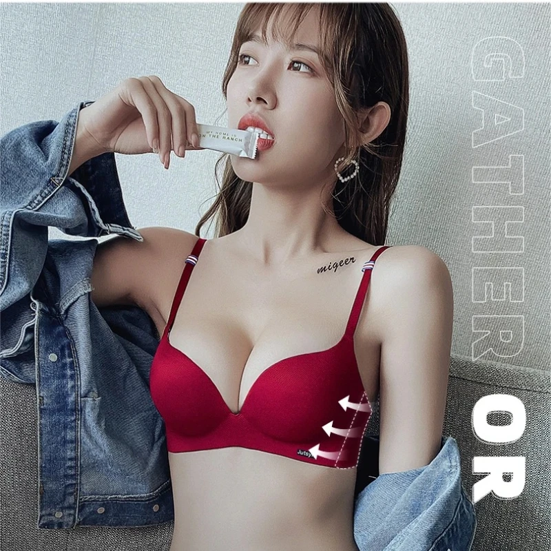 

Women's Sexy One Piece Ice Silk No Steel Rim Adjustable Deep U Cup Bra Push Up Underwear Seamless Bra Backless Underwear