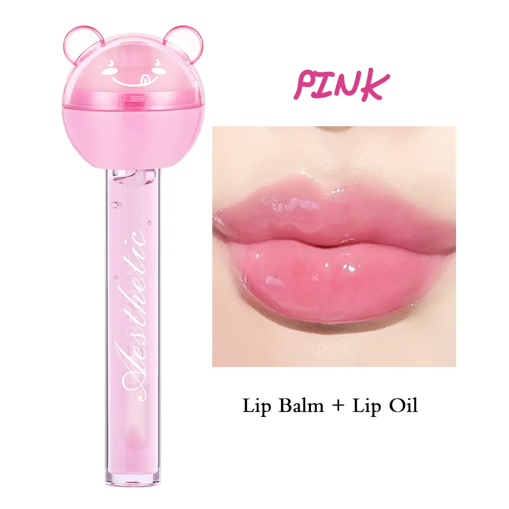 24Pcs 2 IN 1 Lip Balm Lip Oil Set Lollipop Fruit Flavored Transparent Natural Moisturizing Lip Gloss Girls Lips Care Bulk 6