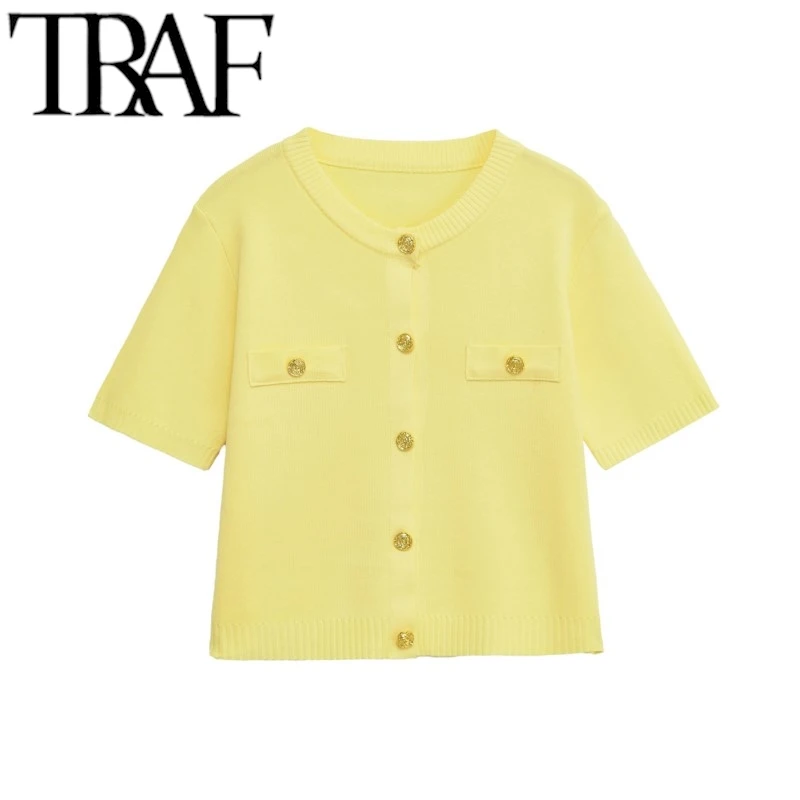 TRAF Y2K 2025 Woman Fashion Knitted Jacket With Edging Casual Slim Knitted Top+Elastic Waist Mini Skirt Sets Summer Yellow - Image 2