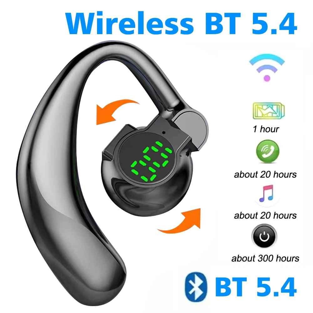 New 180°Wireless Headphone Bluetooth 5.4 Handsfree Noise Canceling Rotatable Sport Digital Display Earphones Single Ear Earhook 3