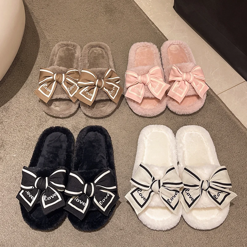 Women's Fuzzy Winter House Slippers With Bow Platform_voghion.com