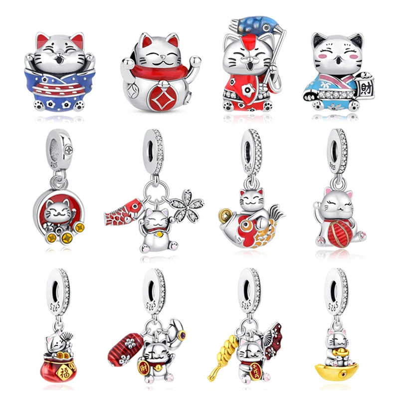 Bijoux Blu Ciondolo Maneki Neko Gatto Portafortuna In Argento 925 Per Bracciali Fai-da-Te, Foro 4.5mm