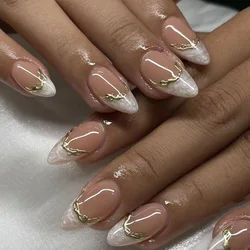 Elegant French Almond False Nails - 24Pcs Pink Stiletto with Glue & White Edge Design (Army green)