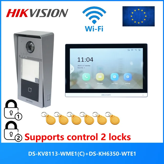 HIKVISION Video intercom KIT,control 2 locks,include DS-KV8113-WME1(C) & DS-KH6350-WTE1, support RFID card,Cloud App,Support PoE 1