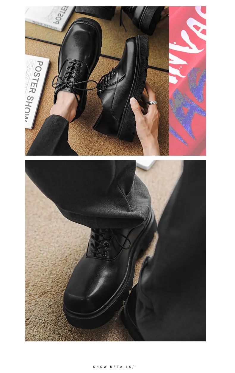 أحذية رجالية رسمية بكعب مسطح ورباط، لون موحد، نعل سميك، تصميم فريد وعصري، أحذية جلدية بأسلوب جديد