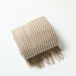 Khaki Luxury Chunky Knit Blanket with Tassels - Vintage Farmhouse Throw - 130x230cm (DX khaki)