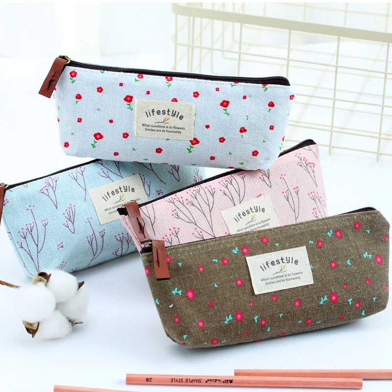 Cute Kawaii Floral Flower Canvas Zipper Pencil Cases Lovely Fabric Flower Tree Pen Bags School Supplies Free shipping cb5feb1b7314637725a2e7: Blue|Chocolate|pink|White