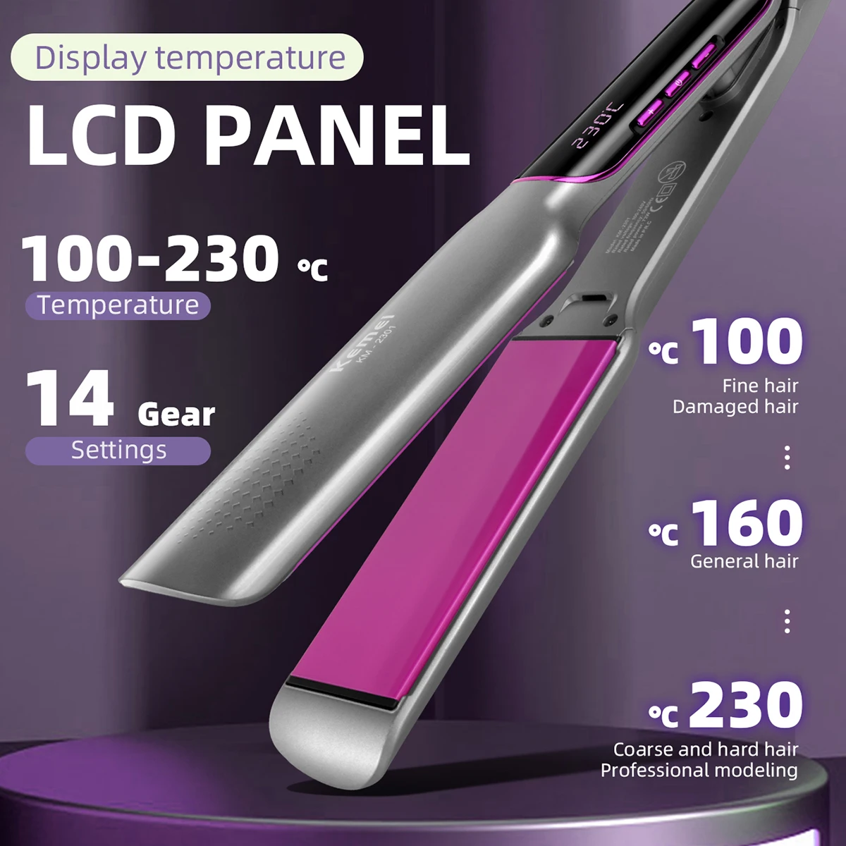 Kemei Professional Hair Straightener With LCD Ceramic Ionic Fast Heat-Up Hair Flat Iron Negative Ion Iron Styling Tools KM-2301 3