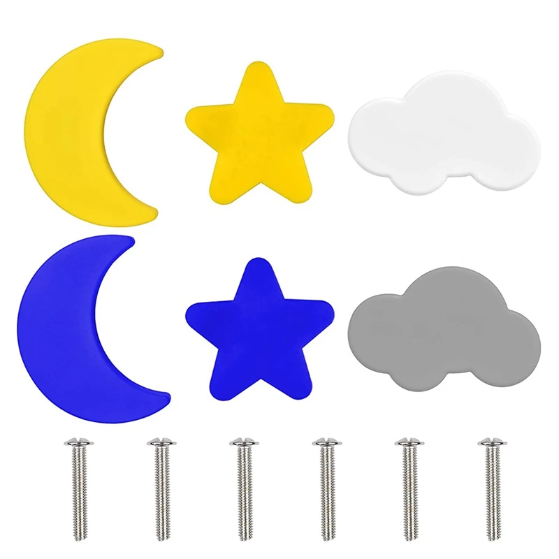 

6 Pieces Cartoon Cabinet Knobs Kids Knobs Drawer Pull Handles Stars Moon Clouds Knobs Handles With Screw