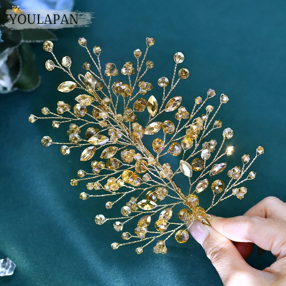 YouLaPan 빈티지 샴페인 라인스톤 신부 헤어 피스 크리스탈 사이드 헤드밴드 신부 프롬 웨딩 게스트 헤어 액세서리 A235
