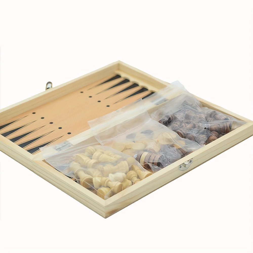 3-in-1 Chess Backgammon Checkers Set Solid Wooden Foldable Puzzle Board Game Toy Gaming Gift