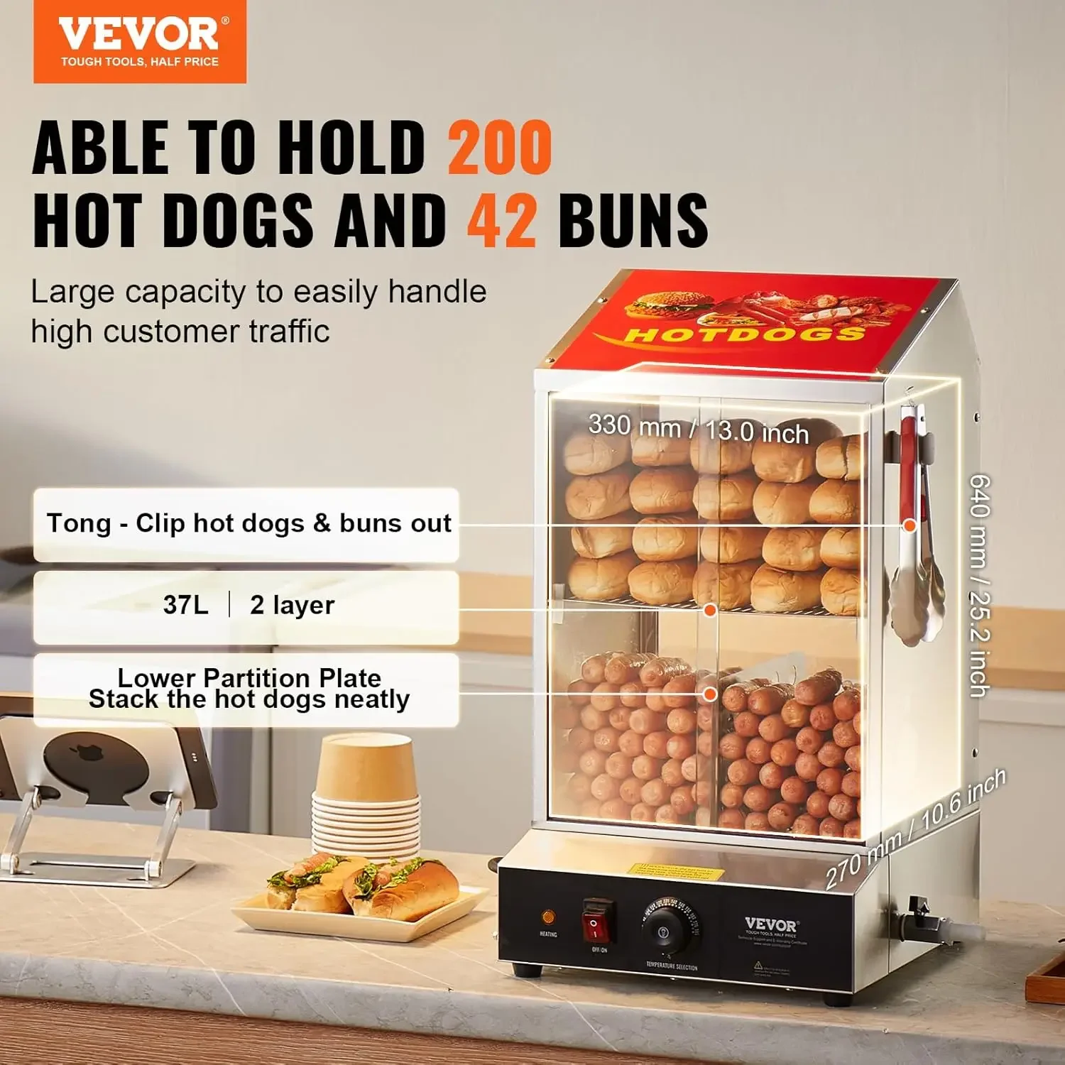 Hot Dog Steamer, 39QT, 2-Tier Hot Dog Hut Steamer, 86℉~185℉ Temperature Control, Electric Bun Warmer with Tempered Glass Slide D 2