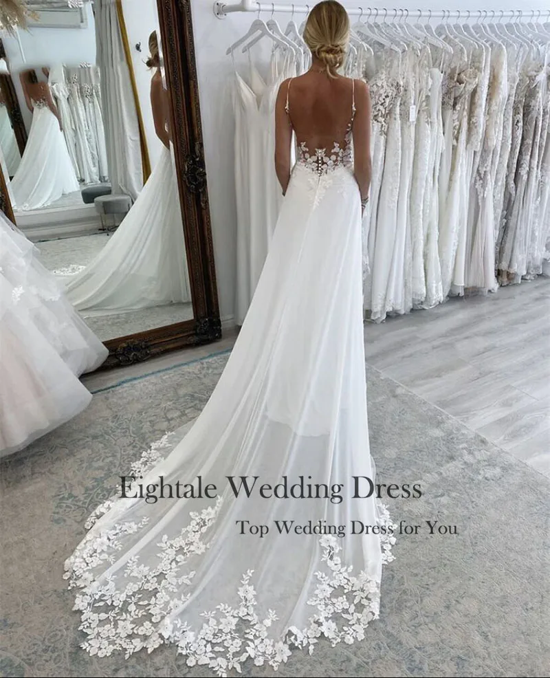 Eightale Boho Wedding Dresses V-Neck Lace Appliques A-Line Spaghetti Straps Customized Court Train Bridal Gown Vestido De Novia 3