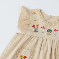 Robe brodée à volants pour filles, robes pour enfants, bord, fibre, dentelle, col rond, poche, vêtements pour enfants, été, ingent 5