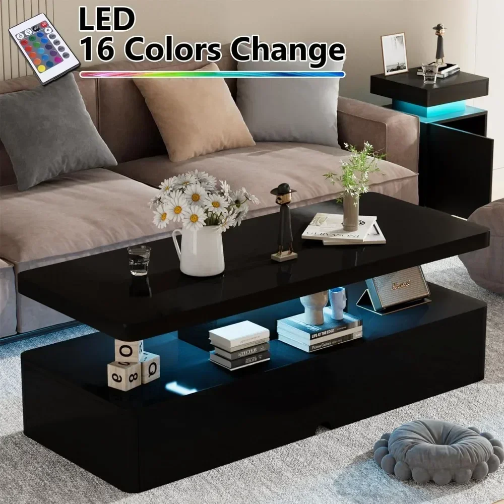 Double-Layer Design for Living Room Green Coffee Table Modern Stylish Coffee Table With 16 Colors LED Lights Black Furniture 2