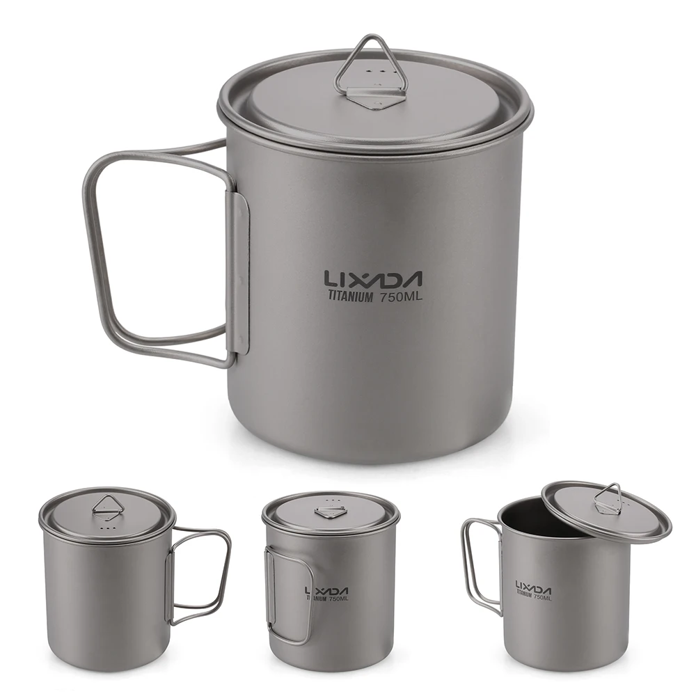 Lixada Ultralight Titanium Cup Mug 300/350/550/650/750ml Water Cup Camping Picnic Water Mug Tableware Foldable Handle