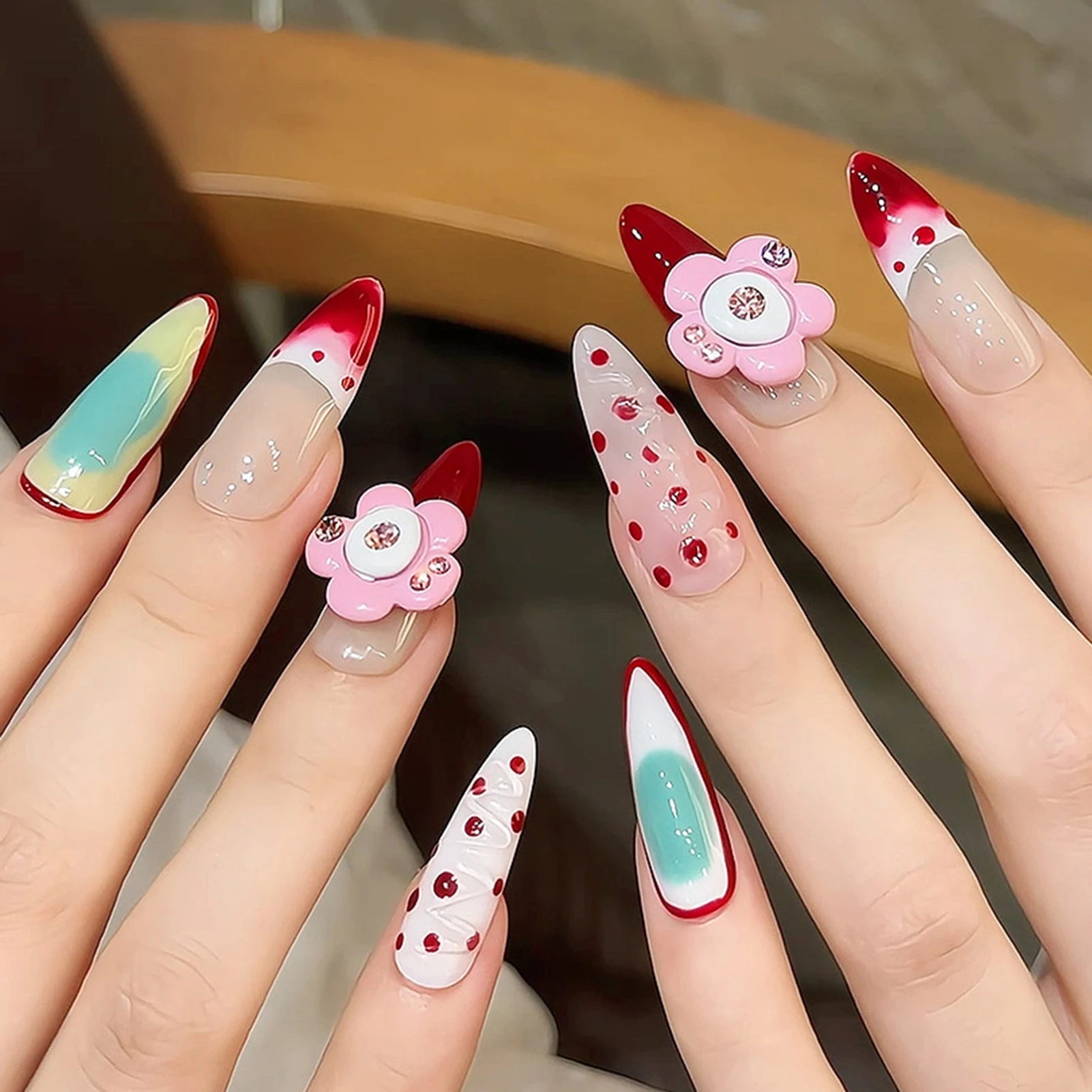 Handmade Long Pointed Almond Press On Nails 6