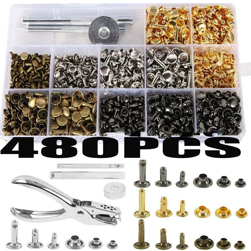 

480pcs Leather Rivets Double Cap Rivet Tubular Metal Studs with Punch Pliers Fixing Set for DIY Leather Craft Rivets Rep
