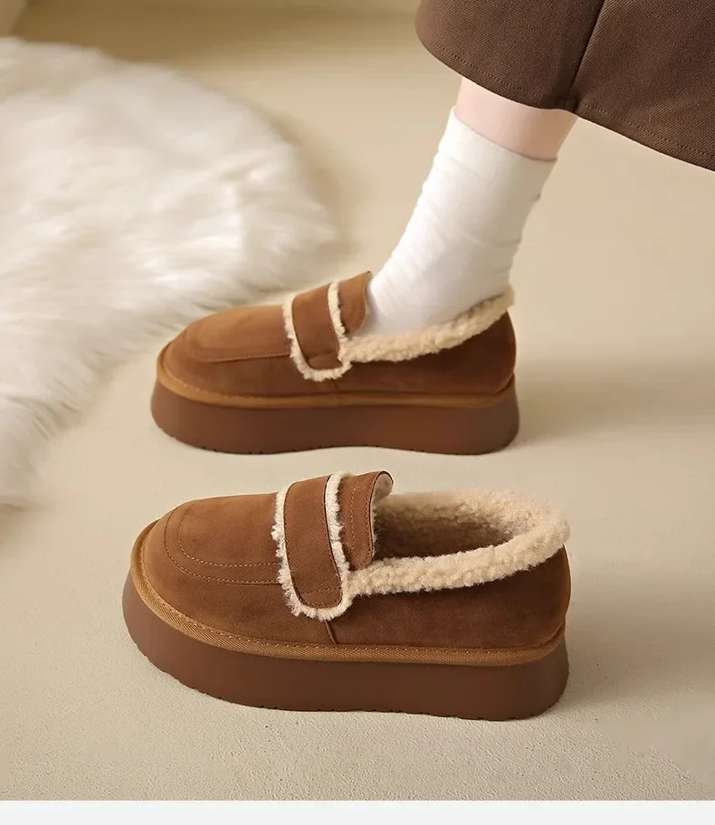 Women's Thick Soled Snow Boots Autumn Winter Plush Boken Shoes Retro Height Increasing Warm Anti Slip Cotton Shoes Loafers