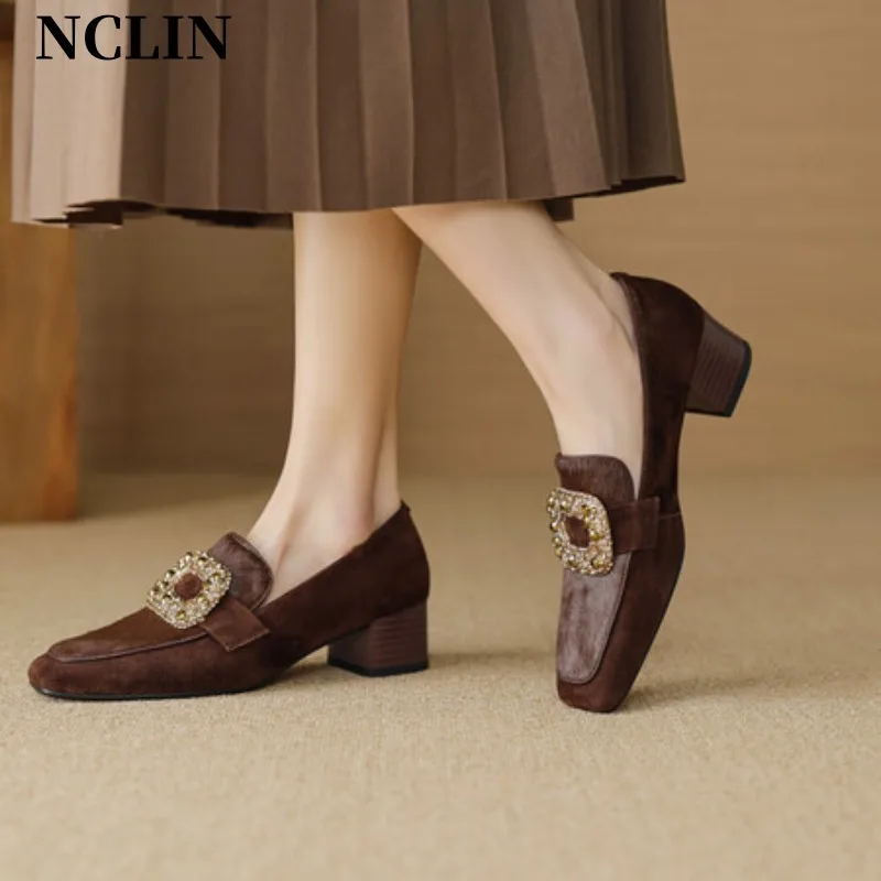 

New Spring Women Pumps Sheep Suede Women Shoes Casual Square Toe Loafers Chunky Heel Slip-On Shoes For Women Zapatos De Mujer