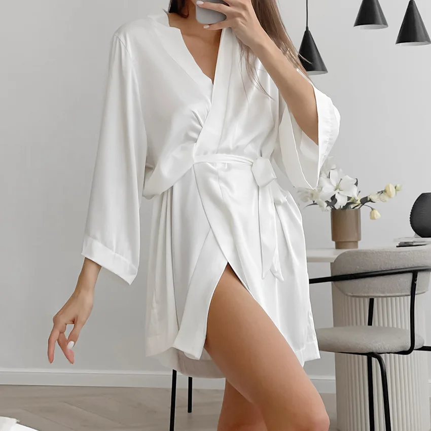 

Women Wedding Morning Gown White Bride Robe 3/4 Sleeve Sleepwear Loose Nightgown Female Silk Satin Kimono Bathrobe Lingerie