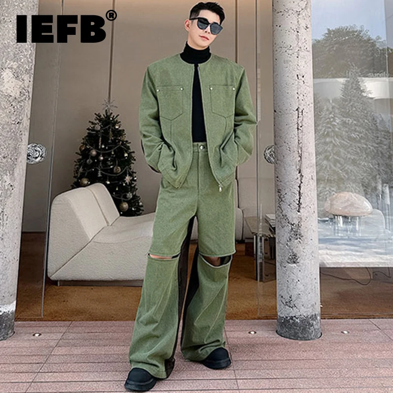 

IEFB Corduroy Patchwork Denim Men's Suit Casual Large Pockets Male Jackets Solid Color Ripped Men Wide Leg Pants Spring 9C4775